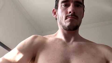 Media: Video of a shirtless man with a muscular build, short dark hair, and a trimmed beard, looking directly at the camera. The background is a plain white ceiling and wall, creating a minimalistic indoor setting.