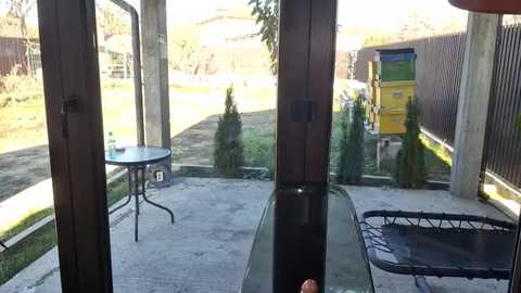 Media: Video of a cozy, sunlit patio with a glass door, featuring a round metal table, black trampoline, and a wooden fence. The outdoor space is well-maintained with grass and trees in the background.