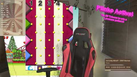 Media: A virtual reality screenshot of a pink and red gaming chair, with a slot machine displaying vibrant fruit symbols, in a modern, minimalist room.