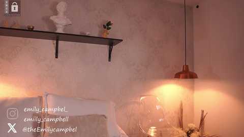 Media: Video of a cozy living room corner with a cream-colored sofa, white shelves with decorative items, a pendant lamp, and a fireplace in the background.