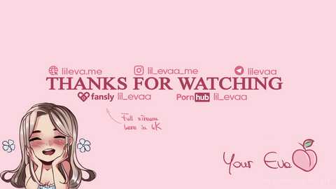 Media: A digital chibi-style illustration with a pastel pink background features a smiling, blushing young woman with long, light brown hair, wearing a pink dress. Above, social media icons and \"THANKS FOR WATCHING\" text.