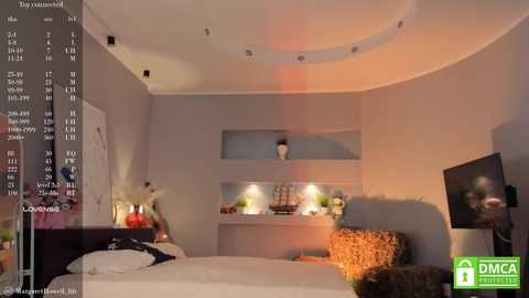 Media: Video of a modern, minimalist bedroom with beige walls, a bed with white linens, a mounted TV, and a small shelf displaying decorative items; warm lighting and a \"DCA\" logo watermark.