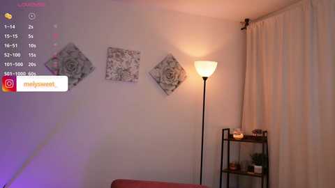 Media: A video of a modern living room featuring a beige wall adorned with three gray floral-patterned square artworks. A tall floor lamp with a white shade casts a warm glow, and a small wooden shelf holds decorative items.