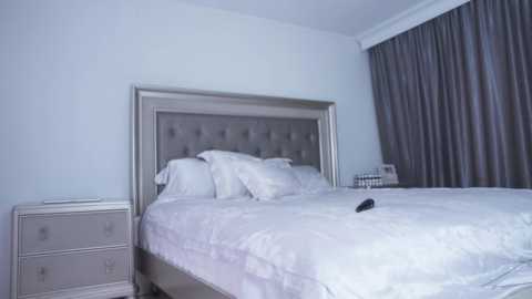 Media: Video of a minimalist bedroom with a silver tufted headboard, white bedding, and a gray curtain. The room features a matching silver nightstand with drawers and a small, dark object on the bed.