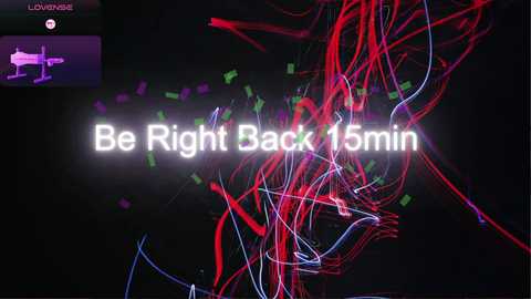 Media: Video of a colorful, abstract digital artwork featuring neon-colored, swirling lines against a black background. Text at the center reads \"Be Right Back 15 min.\