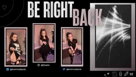 Media: Video collage featuring a woman with dark hair and a black outfit in three different poses, with a dramatic black and white lightning strike image. Text reads, \"BE RIGHT BACK.\