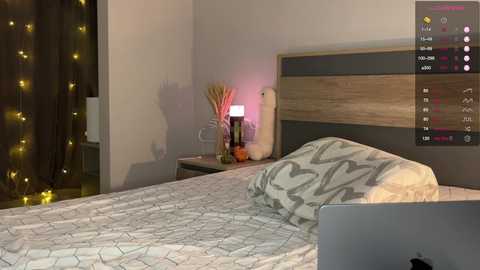 Media: A modern bedroom photo with a gray bedspread, a wooden headboard, a bedside lamp, a vase with dried reeds, and fairy lights. A laptop screen displays weather and time.