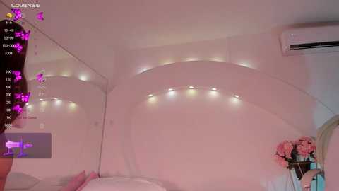 Media: A video of a cozy, pink-themed bedroom with a mirrored wall, fairy lights, a bouquet of pink flowers, and a person partially visible in the corner.