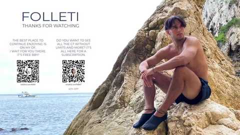 Media: Video of a shirtless, muscular man with short dark hair sitting on a rocky cliff, wearing black shorts and flip-flops, with a QR code and text about his fitness journey in the background.