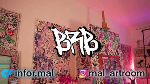 Media: Video of a vibrant, graffiti-covered room with Japanese kanji characters, colorful murals, and artistic clutter; \"info\" and \"@mal_artroom\" hashtags overlayed.