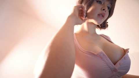 Media: Video of a young woman with short, brown hair, wearing a pink, ribbed tank top that reveals cleavage, against a soft-focus, light-colored background.