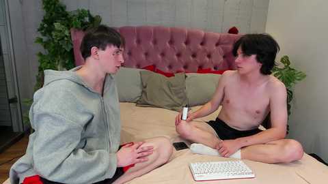 Media: Video of two young men, one shirtless, sitting on a bed with a pink headboard, discussing on a laptop; one wears a gray hoodie.