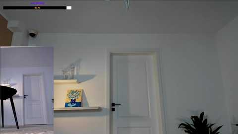 Media: A video of a modern, minimalist apartment with white walls and a single door, featuring a small shelf with a decorative painting, a black floor lamp, and a potted plant.