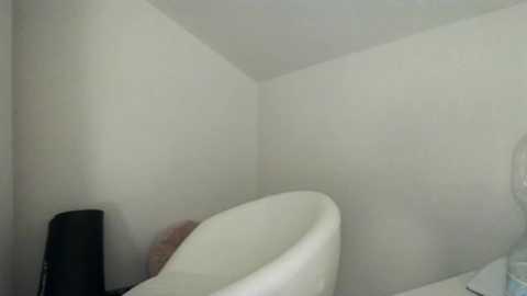 Media: Video of a minimalist bathroom corner with a white bathtub, a black trash can, and a toilet bowl partially visible in the background. The walls are painted in a plain, light color, and the overall space feels clean and sparse.