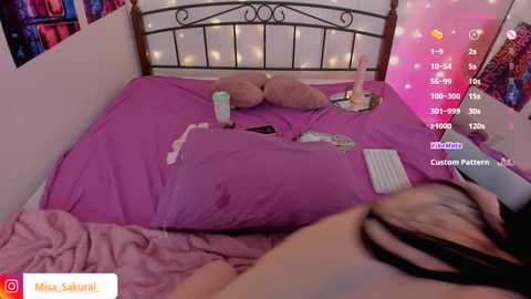 Media: A video of a pink-themed bedroom with a plush bed, teddy bear, and scattered items. The room is dimly lit with fairy lights and a social media watermark.