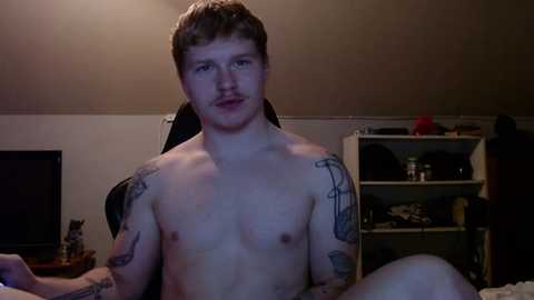 Media: Video of a young, shirtless white man with short brown hair and tattoos on his arms, sitting in a dimly-lit room with a TV and shelves in the background.