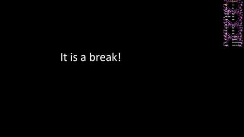 Media: Video of a black screen with white text: \"it is a break!\" in the center. In the top right corner, there's a small digital clock displaying the time in red and white.