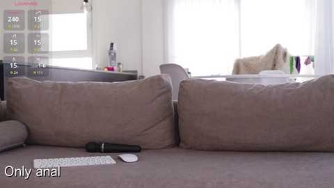 Media: A video shows a beige sectional sofa with two pillows, a black vibrator on the cushion, and a white remote control. The background features a modern living room with white walls, a dining area, and natural light streaming through sheer curtains.