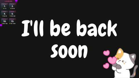 Media: A digital image features a cute cartoon cat with a white and grey coat, and pink hearts, hugging a white text that reads, \"I'll be back soon,\" on a black background.