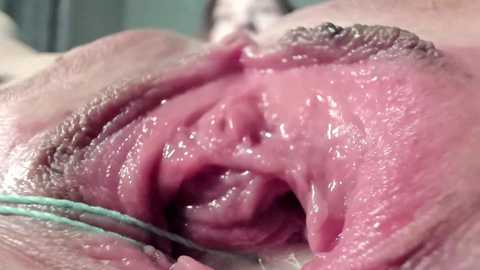 Media: Close-up video of a woman's vaginal opening, showing pink, moist, and slightly textured inner labia. Background is blurred, featuring pale skin and a hint of green fabric.