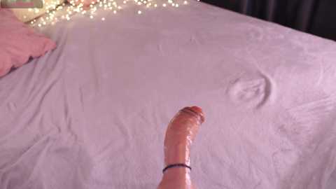 Media: A video of a large, erect penis lying on a bed, covered with a white sheet and surrounded by fairy lights. The background includes a pink pillow and a dark curtain.