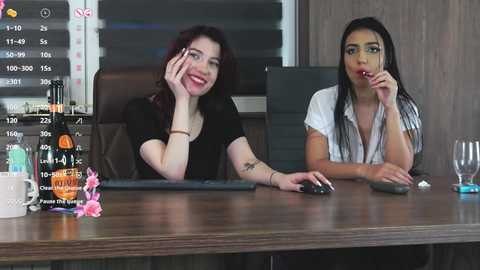 Media: Video of two women at a desk; one with red hair, the other with black hair, both smiling, in an office setting.