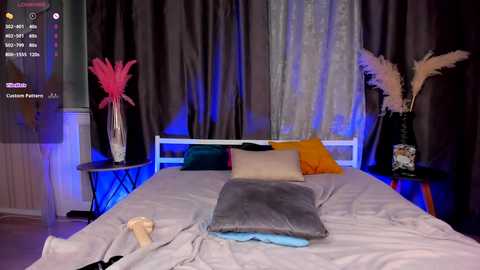 Media: A video of a modern bedroom with a white bed, gray and blue bedding, a pink feather duster, and a digital clock display in the background.