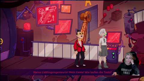 Media: A vibrant, cartoonish image with a German text box features a man in a red blazer, a girl in a white shirt, and a young boy in a black shirt, standing in a futuristic, neon-lit room with multiple screens and machinery.