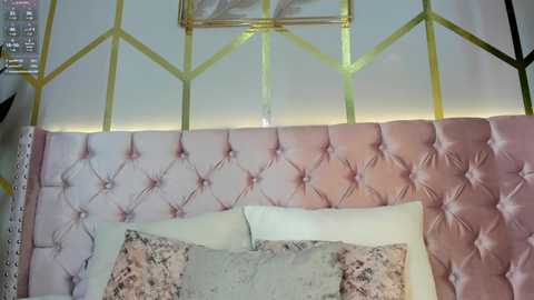 Media: Video of a luxurious, pink tufted headboard with a diamond pattern, featuring a beige pillow with floral lace trim. Gold geometric patterns adorn the wall behind, creating an elegant, vintage-inspired bedroom setting.