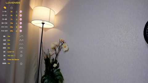 Media: A video shows a dimly lit room with a white wall and a tall, cylindrical lamp casting a warm glow. A potted orchid with white and yellow flowers is positioned in the lower right corner. The image includes a digital interface with icons and settings in the upper left.