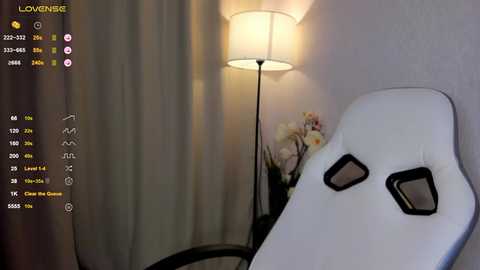 Media: Video of a cozy bedroom with a white gaming chair, a tall floor lamp, and soft pink flowers on a nightstand.