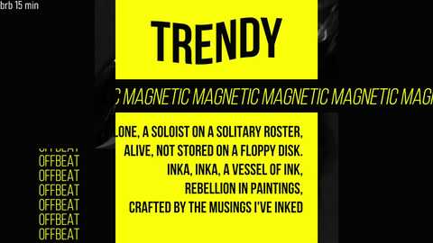 Media: A digital graphic with a bold yellow background and black text, describing the concept of a magnetic magnetic magnet. Text mentions \"one, a solvent on a solvent, not stored on a floppy disk, Ink, a mesh of ink, rebellion in paintings, crafted by the musings I inked.\