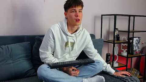 Media: Video of a young, slender, light-skinned man with short dark hair, wearing a white hoodie and light jeans, sitting cross-legged on a blue sofa, holding a keyboard, in a modern living room with a black metal bookshelf.