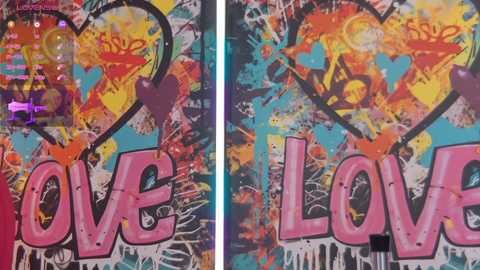 Media: Video of a colorful, graffiti-style canvas with \"LOVE\" in bold, pink letters. Background is a vibrant mix of blues, oranges, and yellows with splashes of paint.