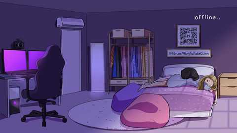 Media: Digital art depicting a serene, dimly-lit bedroom with a sleeping girl on a bed, a gaming chair, shelves, and a purple wall.