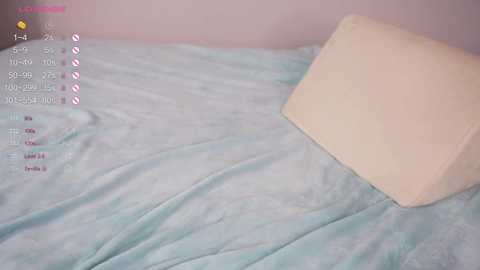 Media: Video of a beige foam pillow on a light blue quilted bedspread. The background features a soft pink wall with a pink, white, and black digital display showing text and icons.