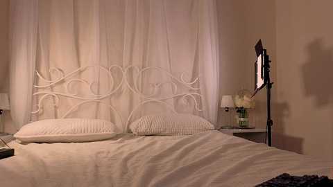 Media: Video of a serene, white bedroom with a decorative, wrought-iron headboard, sheer curtains, a bedside lamp, a standing light, and a neatly made bed.