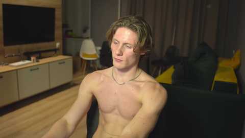 Media: Video of a shirtless, fair-skinned man with shoulder-length brown hair, sitting on a chair in a dimly-lit living room with a flat-screen TV, wooden cabinet, and dark furniture.