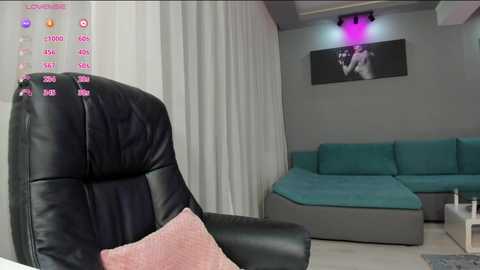 Media: Video of a modern living room with a black leather recliner, teal sofa, and pink throw pillow. A large, framed black and white video hangs on the light gray wall.