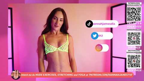 Media: A video of a woman in a neon green lace bra, exercising in a pink-lit room with QR codes on the wall.