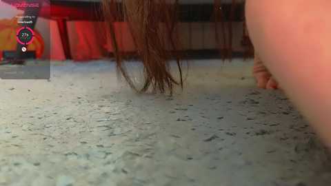 Media: Video of a person with long, wet brown hair lying on a grey carpet, with a hand reaching out. The background features a red wall and a partially visible bed.