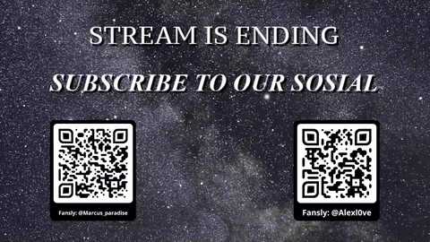 Media: Video of a dark, starry sky background with white text stating \"Stream is ending\" and \"Subscribe to our channel.\" Two QR codes for \"Family Martin Perkins\" and \"Fansly @AxcxDiv3\" are displayed below.