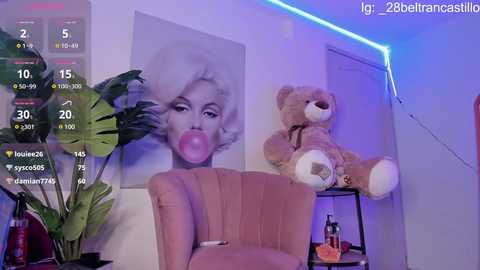 Media: A video of a woman with blonde hair, bubblegum in her mouth, sitting on a beige chair. A large Marilyn Monroe portrait and a stuffed teddy bear are on the wall.