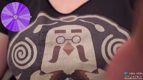 Media: A close-up video of a person wearing a black t-shirt with a stylized, cartoonish owl design, featuring round glasses and swirling patterns. The background is blurred, with a purple circular pattern in the top left corner.