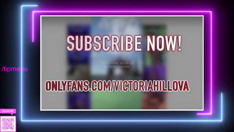 Media: Video of a bright neon-bordered advertisement for OnlyFans user @Vitoriahillova, featuring blurred content and text.