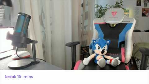 Media: A video of a Sonic the Hedgehog plush toy sitting in a red and black gaming chair with a monitor and camera setup in the background.