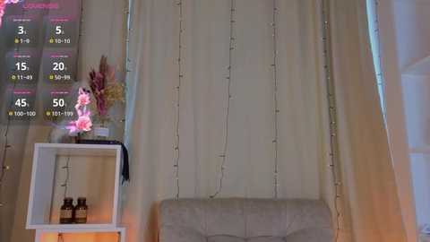 Media: Video of a modern, beige-walled room with white curtains, a gray upholstered headboard, and a small white shelf with a vase of pink flowers, a candle, and a black beaded curtain.