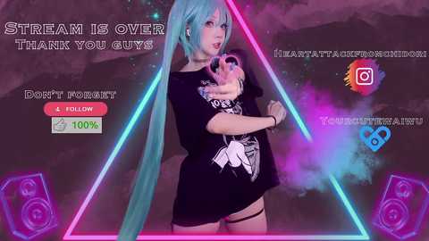 Media: A digital illustration featuring a teal-haired, pale-skinned anime girl in a black crop top, reaching out. Text overlays promote a stream, \"Thank you guys!\" and \"4 followers.\" Neon triangles and social media icons surround her.