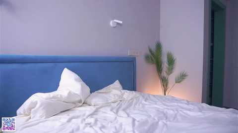 Media: Video of a minimalist bedroom with a blue upholstered headboard, white pillows, and a green potted plant by the bed. The room features soft lighting and a white wall.