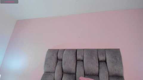 Media: Video of a minimalist bedroom with a light pink wall and a tufted, grey fabric headboard with a quilted texture.